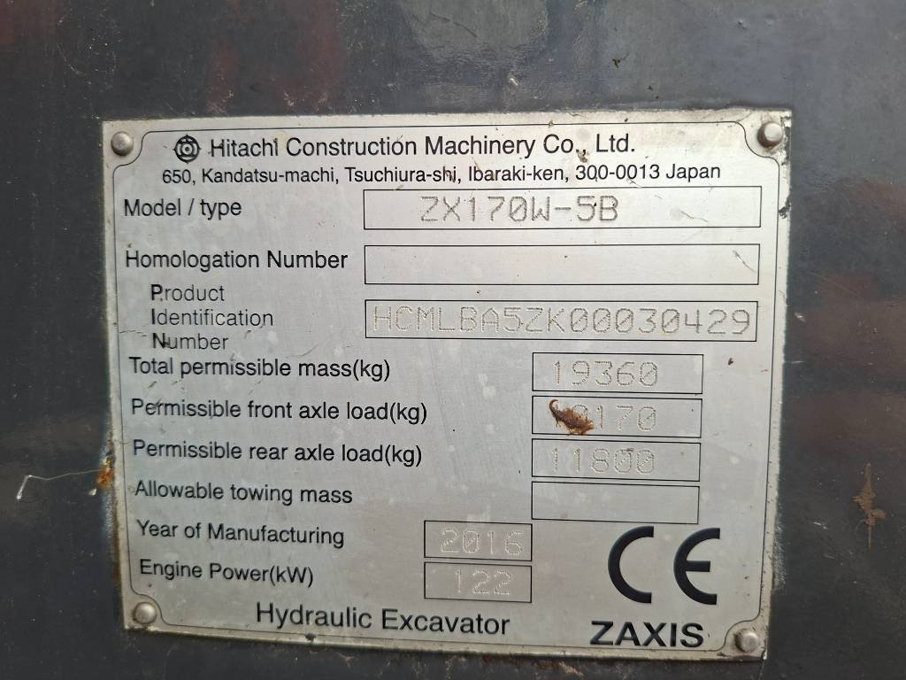 Hitachi ZX 170 W-5 B 2016 ATR-2175 ZX 170 W-5 B 2016 1 Wheeled Excavators